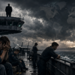 Exhausted sailors aboard an aircraft carrier beneath a distant leader, symbolizing the human cost of poor leadership.